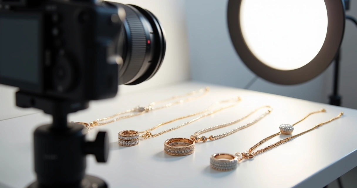 Joias brilhantes fotografadas em estúdio com iluminação controlada e fundo branco 