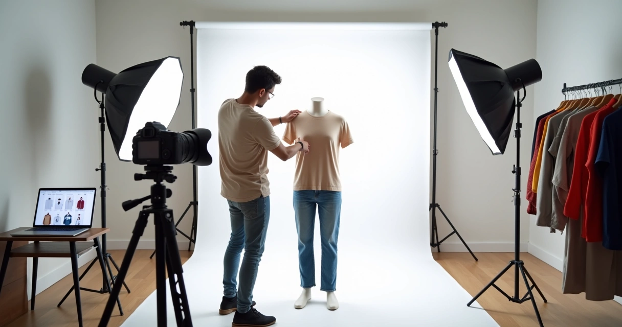 Fotógrafa ajustando roupa em manequim em estúdio de e-commerce 