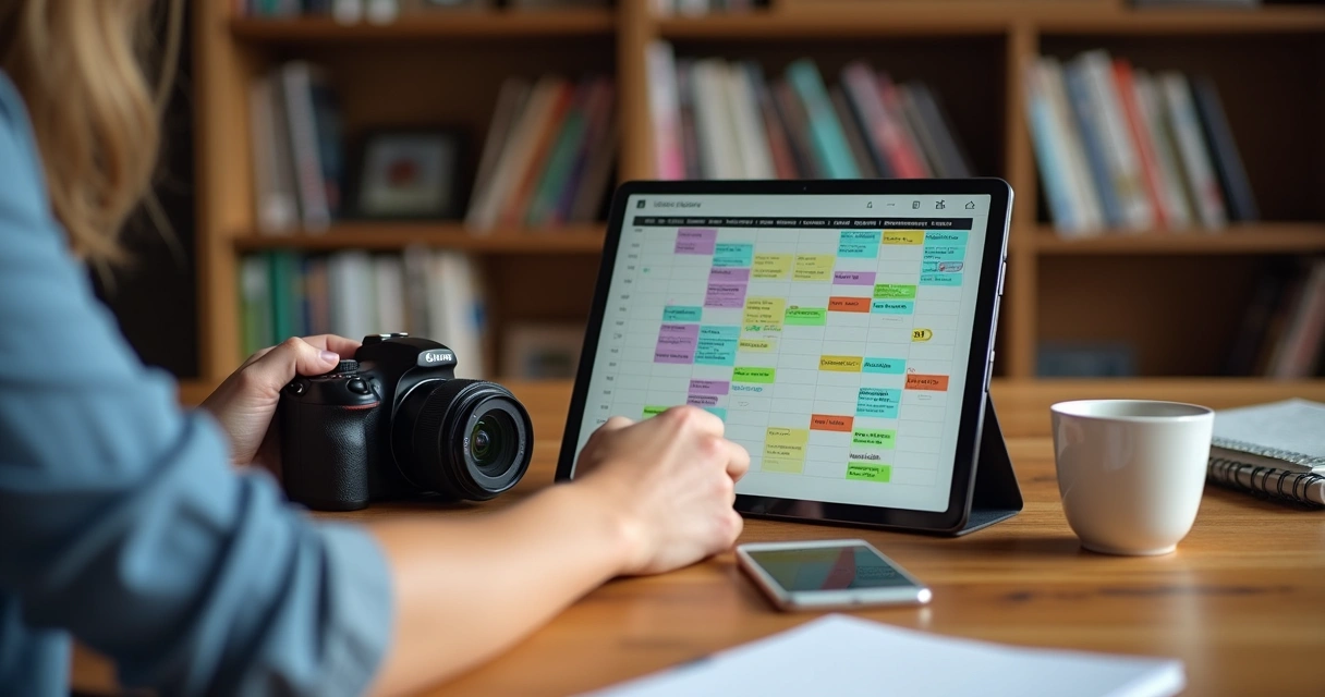 Fotógrafo acessando agenda digital em tablet, mesa com café e câmera 