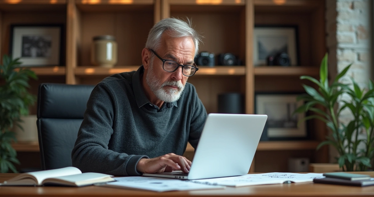 Fotógrafo analisa fotos em laptop e anota tendências em caderno 