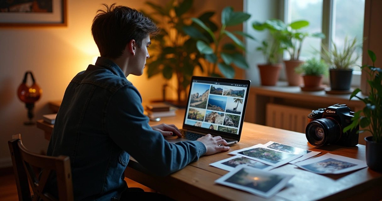 Fotógrafo sentado à mesa revisando imagens no notebook e fotos impressas lado a lado