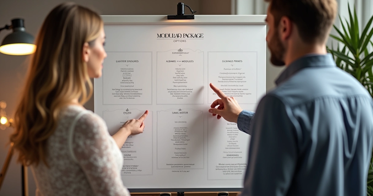 Fotógrafo mostra uma tabela de opções de pacotes fotográficos para casal em estúdio 