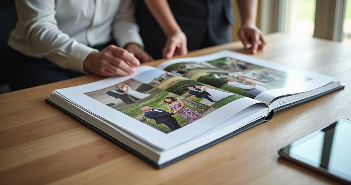Fotógrafo apresenta portfólio impresso e online a cliente 