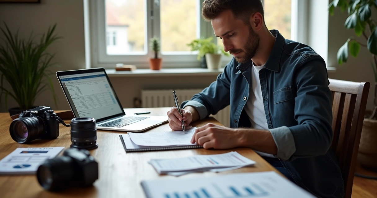 Fotógrafo sentado à mesa revisando planilhas e contas 