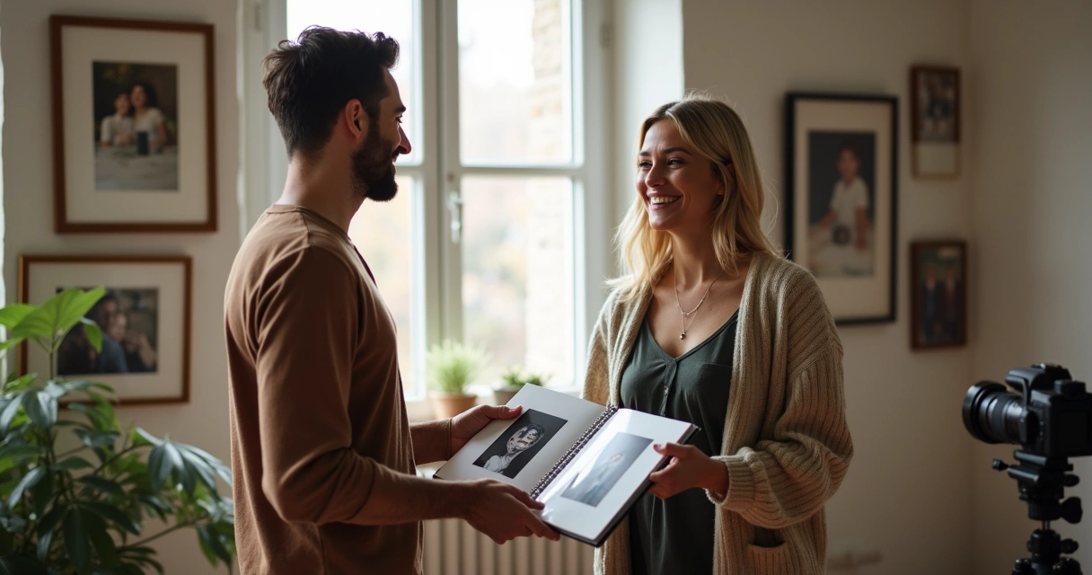 Casal sorrindo recebendo álbum fotográfico de profissional.