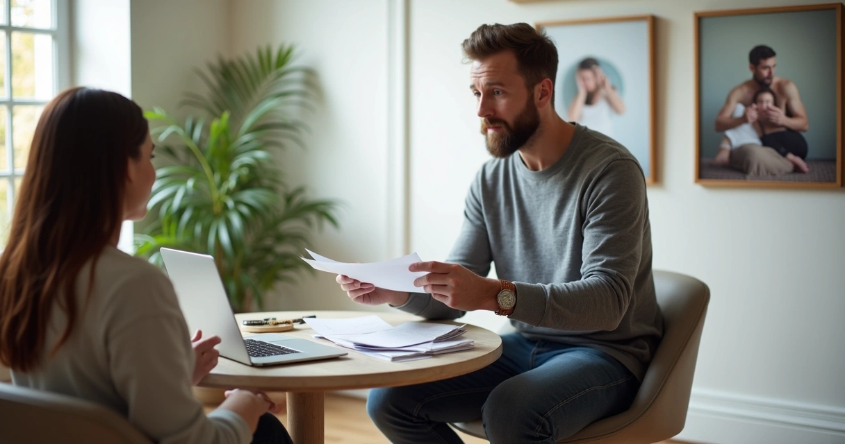 Fotógrafo mostrando contrato para cliente em estúdio de fotos 