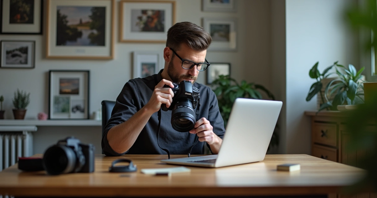 Fotógrafo profissional usando uma câmera digital moderna e notebook 