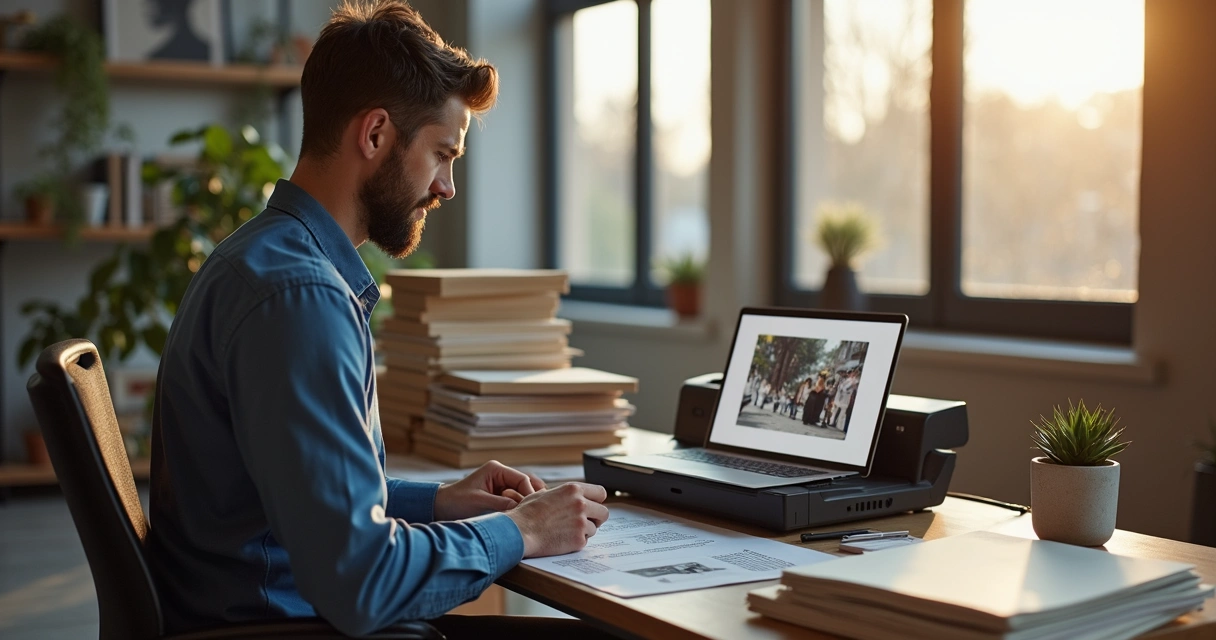 Fotógrafo digitalizando arquivos em estúdio iluminado 