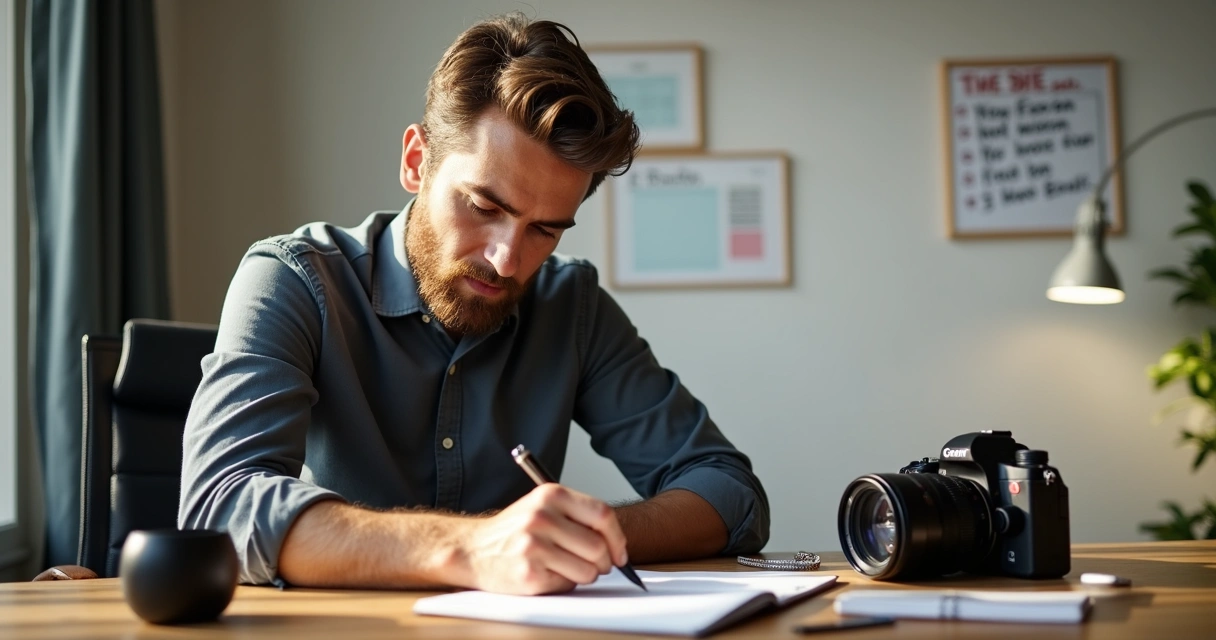 Fotógrafo revisando checklist ao lado de câmera e agenda.