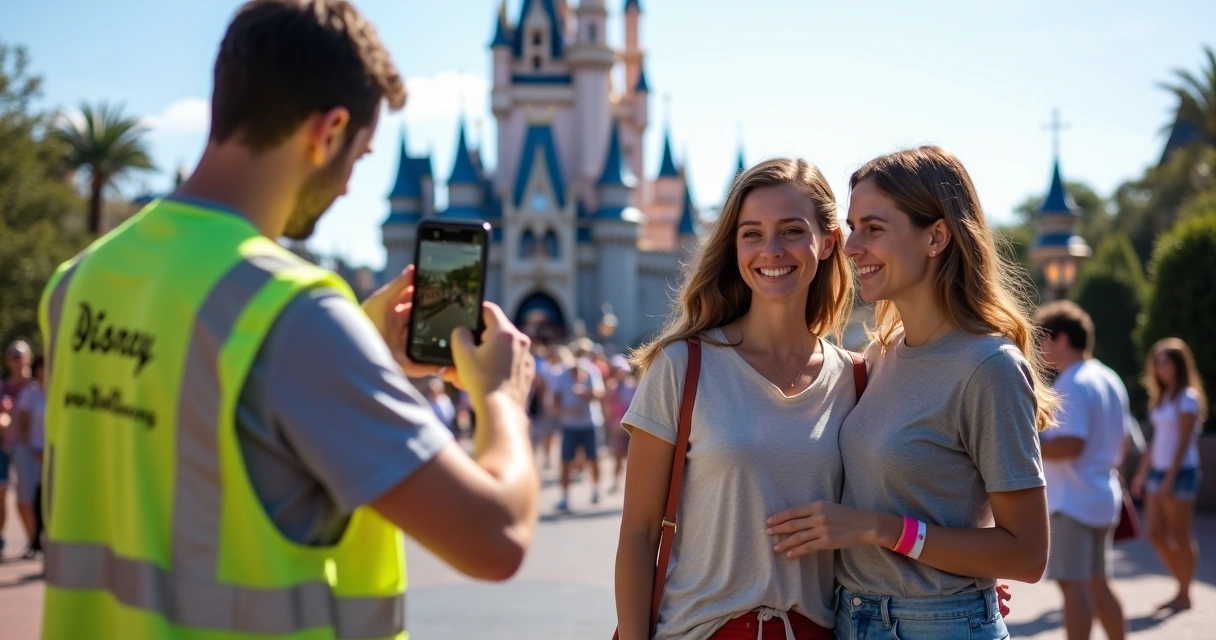 Fotógrafo oficial Disney tirando foto de um casal usando MagicBand 