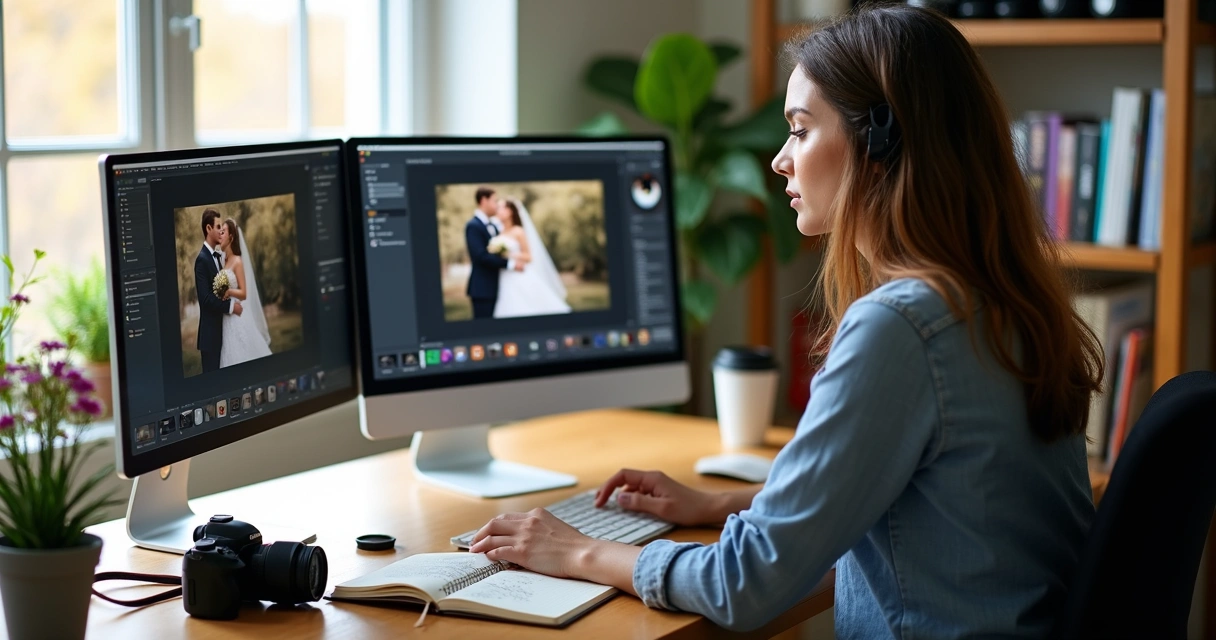 Fotógrafo editando ensaio fotográfico no computador 