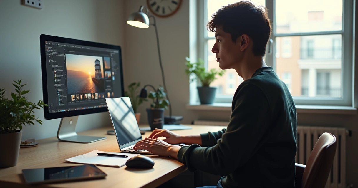 Fotógrafo sentado editando fotos em notebook com blocos de anotações ao lado 