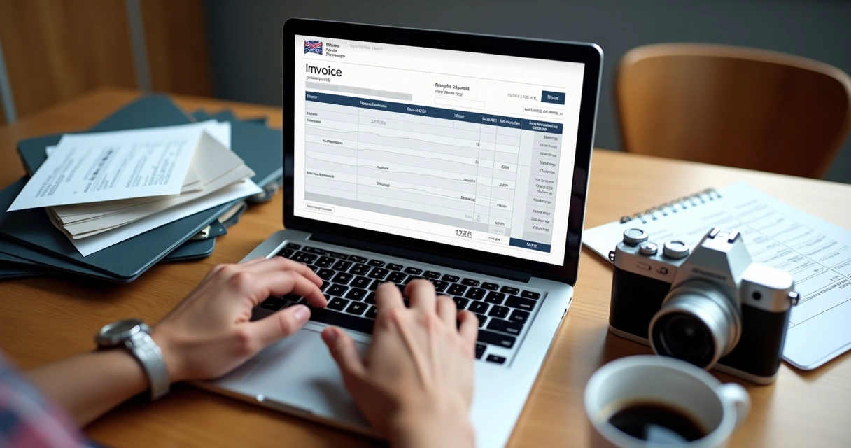 Pessoa digitando em notebook para emitir nota fiscal ao lado de câmera digital 