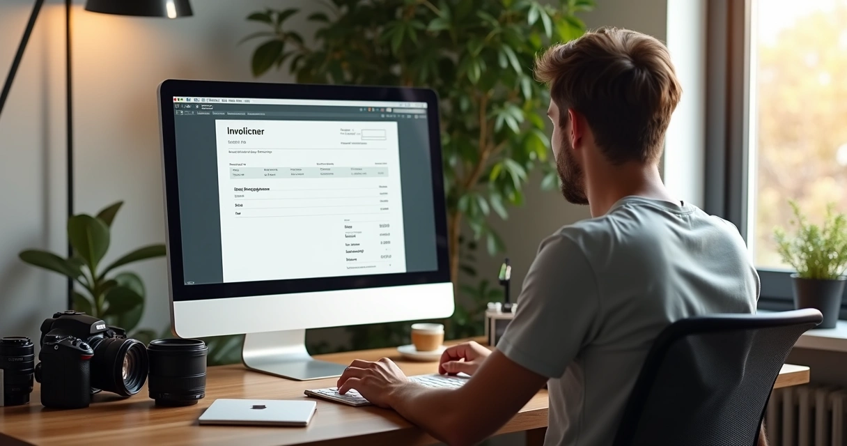 Fotógrafo em mesa de escritório emitindo nota fiscal no computador 