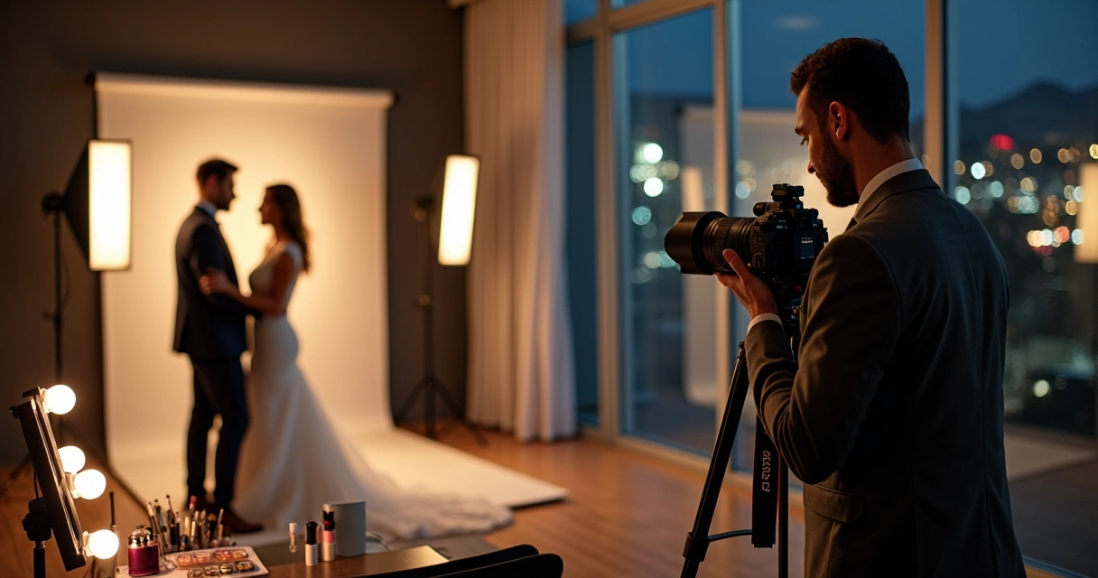 Fotógrafo ajustando câmera profissional diante de casal em casamento intimista em estúdio moderno 