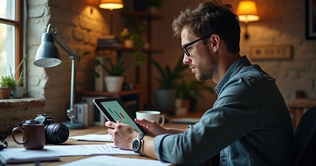 Fotógrafo comparando apps de gestão no tablet 