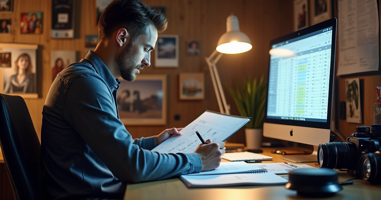 Fotógrafo fazendo planejamento no estúdio com notebook e agenda 