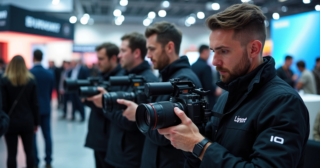 Equipe de fotógrafos trabalhando em evento corporativo, organizados e com equipamentos modernos 