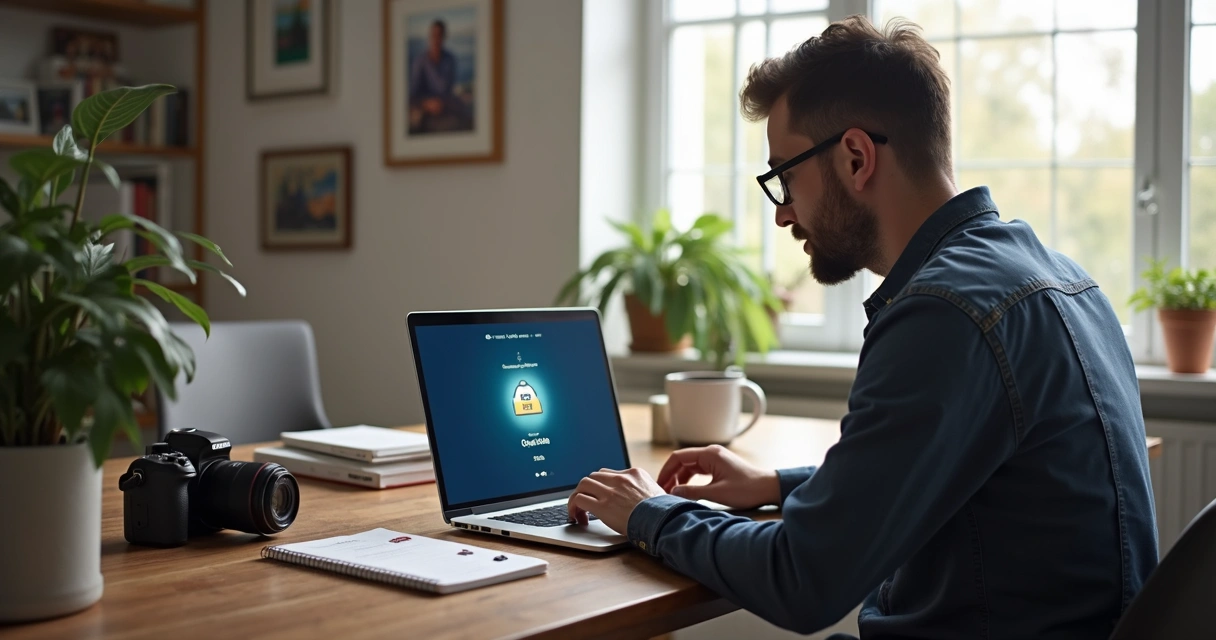 Fotógrafo sentado em escritório enviando fotos para a nuvem 