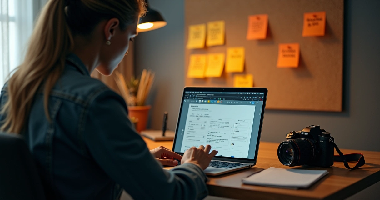 Fotógrafo revisando feedback em notebook ao lado de câmera 