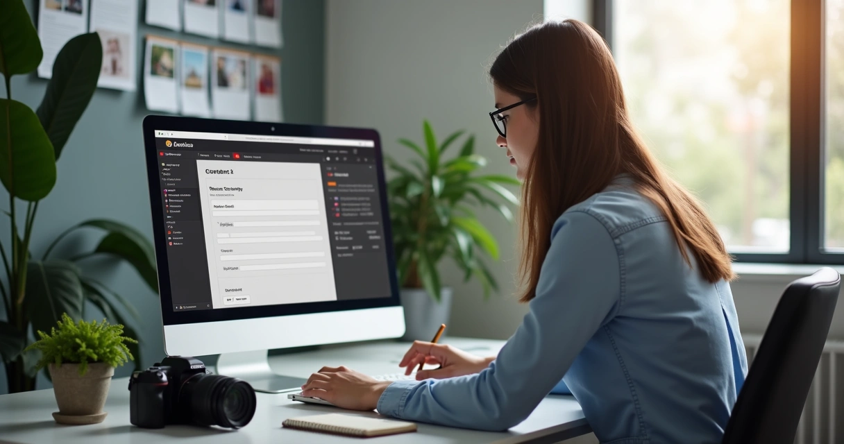 Fotógrafo em escritório preenchendo formulário digital 