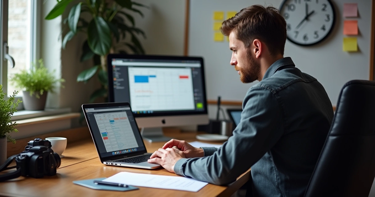 Fotógrafo organizando a agenda no computador 