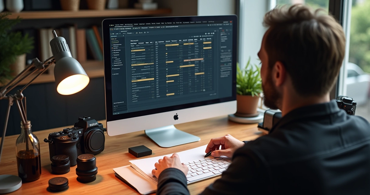 Fotógrafo em frente ao computador organizando agenda de trabalho 