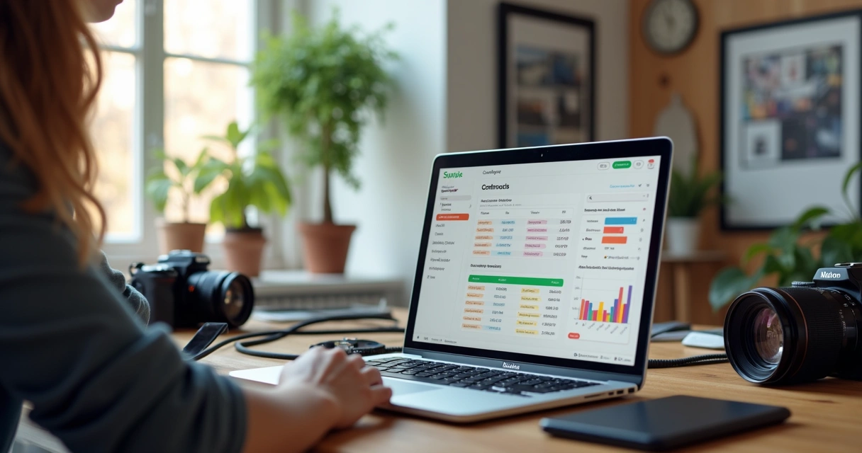 Fotógrafo trabalhando em notebook com tela de software de gerenciamento aberta 