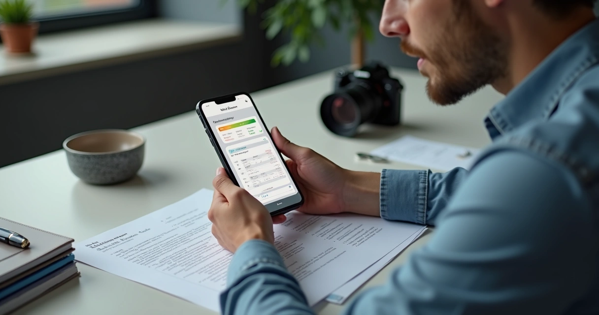 Fotógrafo usando aplicativo de gestão no seu smartphone 