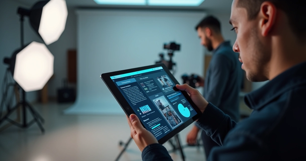 Fotógrafo usando tablet sincronizado com câmera digital 