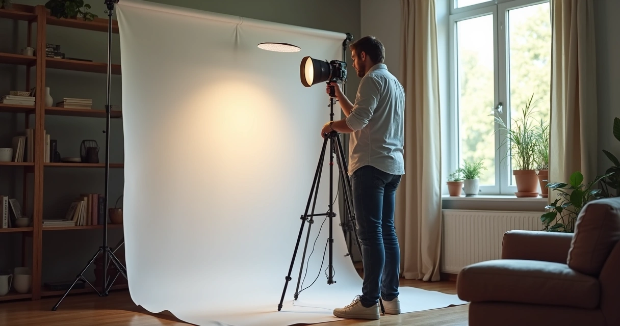 Fotógrafo ajustando iluminação em um miniestúdio montado em salão pequeno 