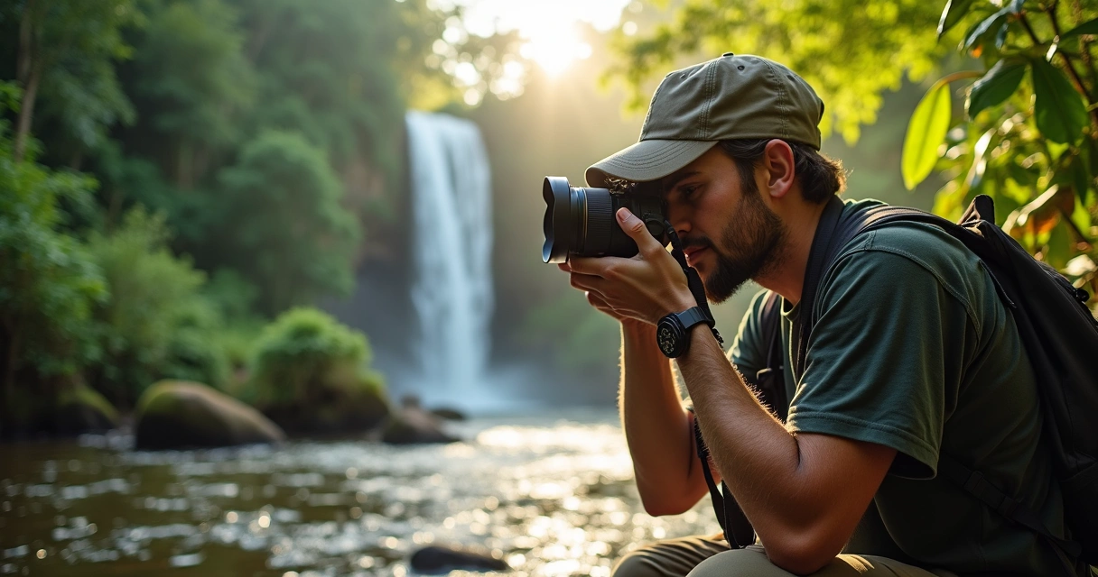 Fotógrafo tirando fotos em área de natureza no Brasil, com paisagem de mata e cachoeira 
