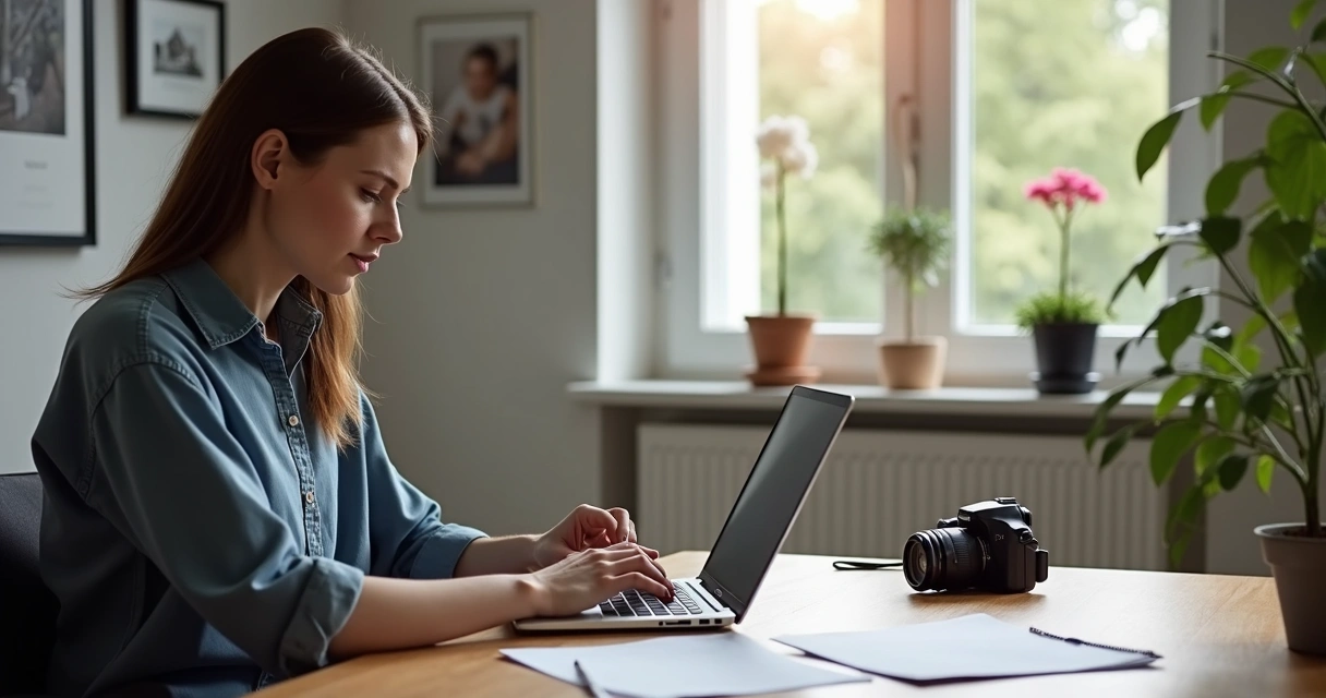 Fotógrafo negociando venda de imagens em notebook 