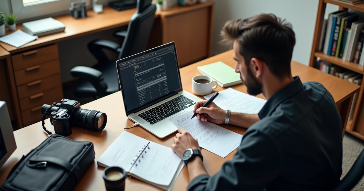 Pessoa preenchendo nota fiscal no notebook em escritório de fotografia 