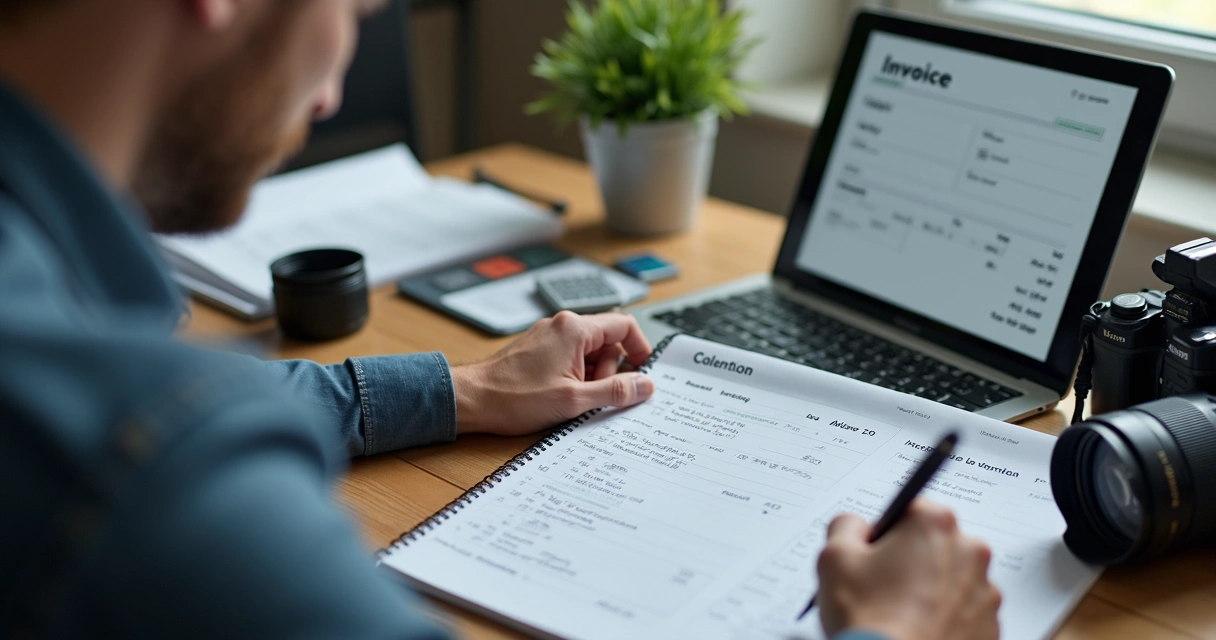 Fotógrafo sentado à mesa usando notebook com tela exibindo nota fiscal eletrônica 