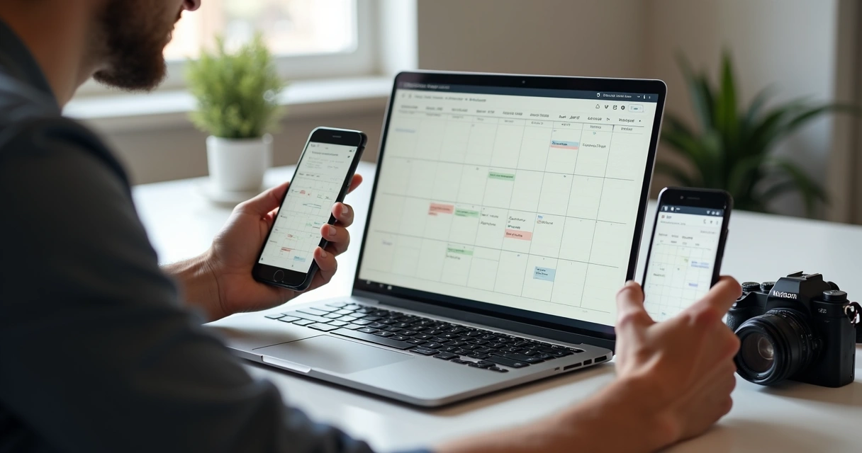 Fotógrafo organizando agenda digital em notebook e smartphone 