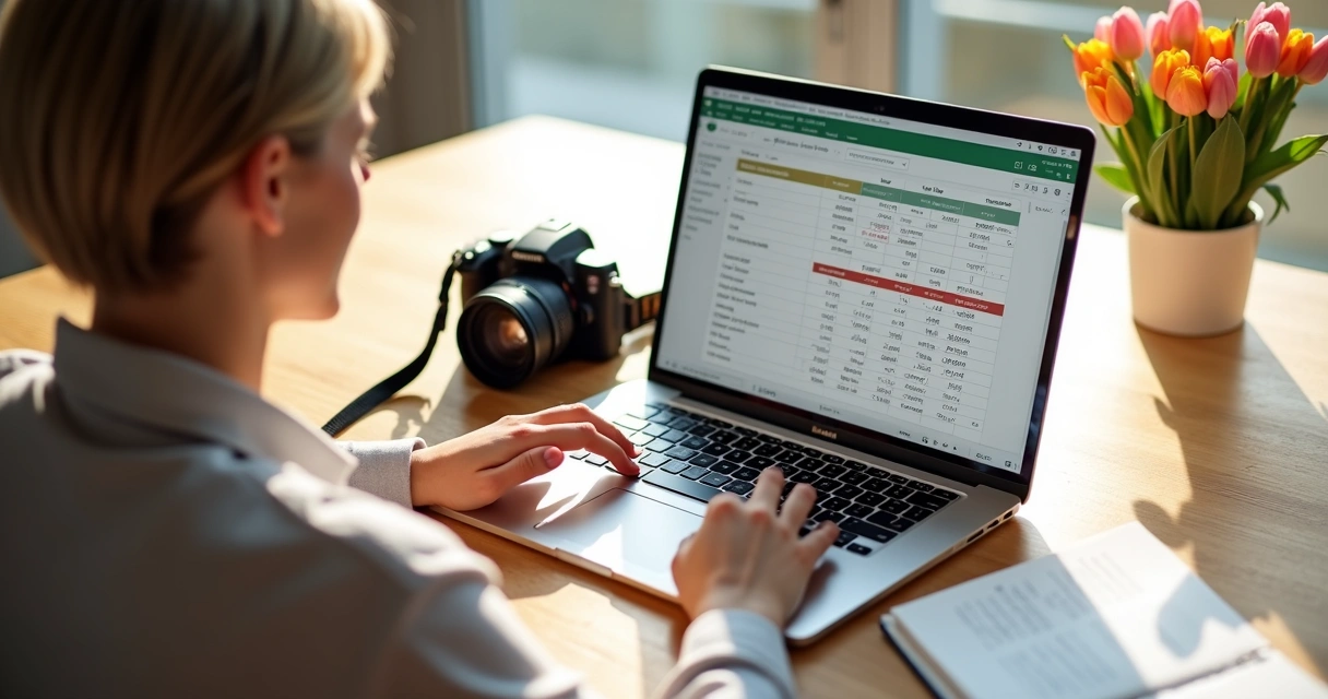 Pessoa organizando finanças no computador, com câmera e caderno ao lado.
