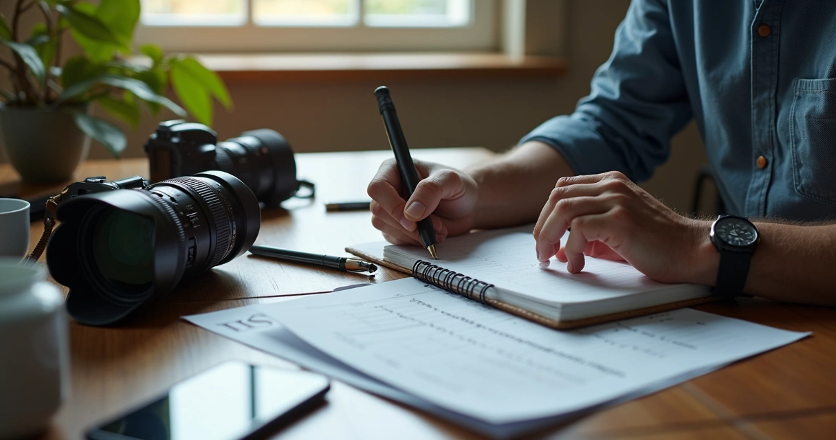 Fotógrafo organizando orçamento no notebook 