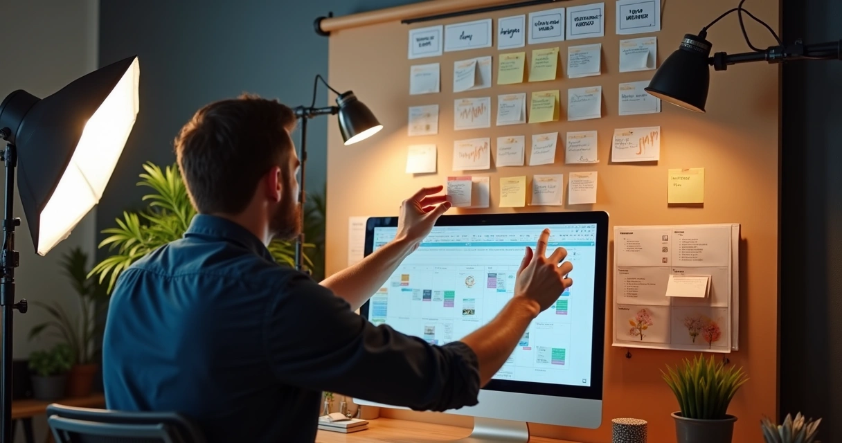 Fotógrafo organizando tarefas em mural de post-its e computador 
