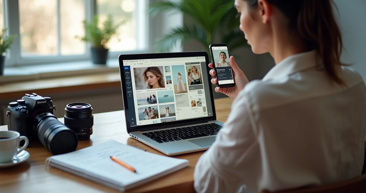 Fotógrafo pesquisando tendências em notebook e celular 