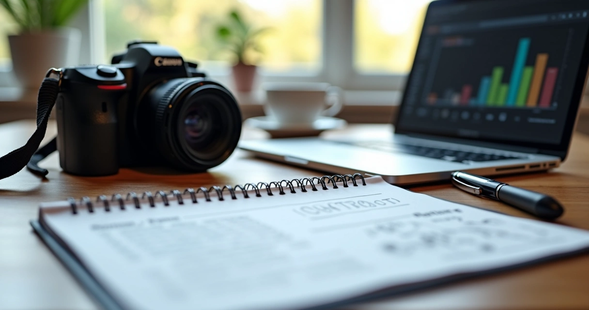 Mesa com câmera, bloco de notas, contrato e notebook aberto em planilha 