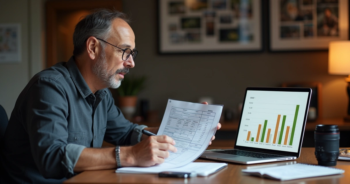 Fotógrafo analisando orçamento com laptop e caderno 