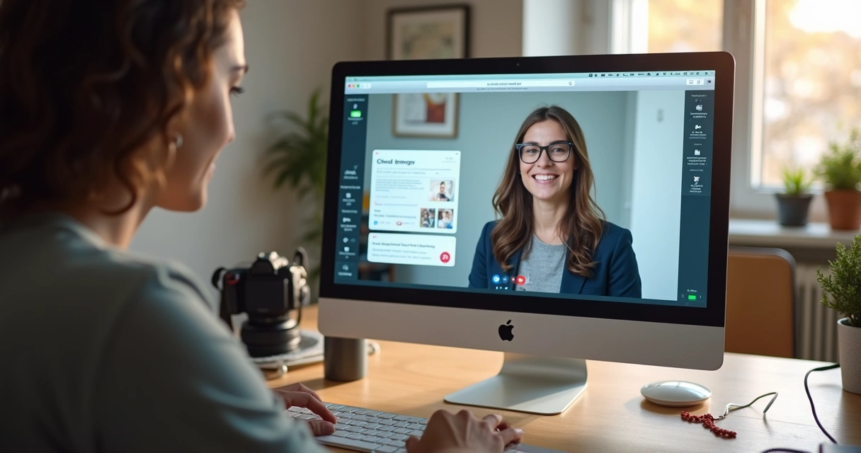 Fotógrafo em chamada de vídeo com assistente remoto