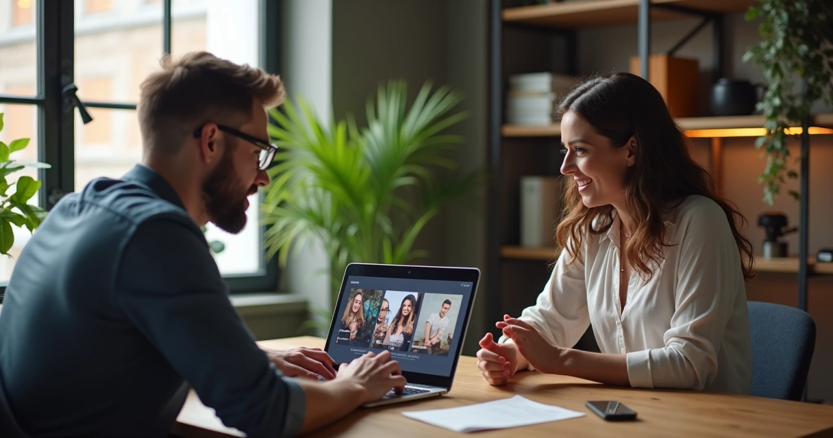 Fotógrafo em reunião mostrando capas de álbuns para cliente em notebook 
