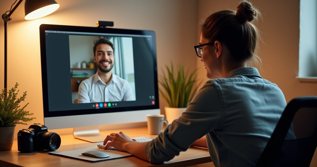 Fotógrafo em frente ao computador durante videochamada com cliente, ambiente iluminado