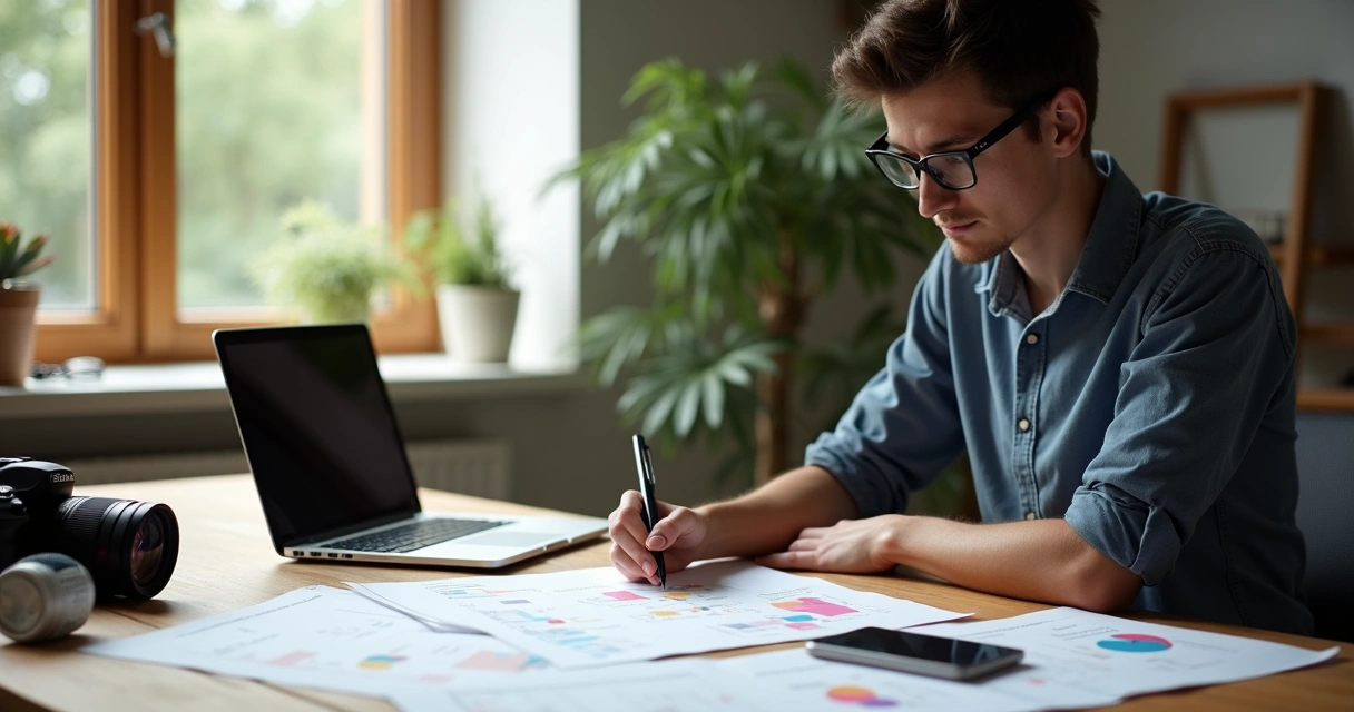 Fotógrafo sentado em mesa avaliando gráficos e anotações 