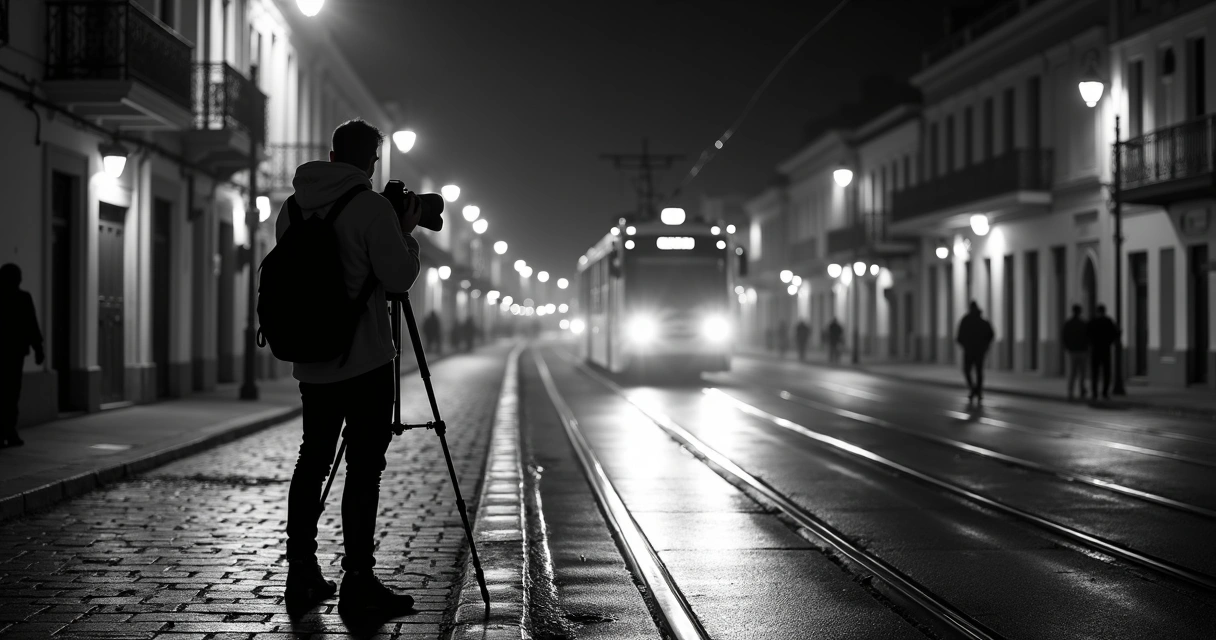 Fotógrafo ajustando câmera em cena urbana preta e branca à noite 