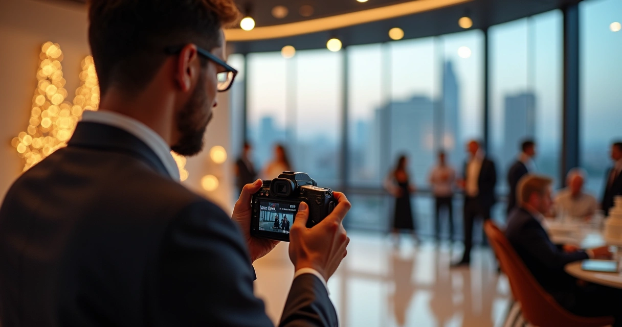 Fotógrafo em São Paulo revisando câmera durante evento social e corporativo misto 