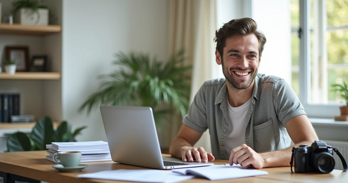 Fotógrafo sentado, sorrindo com notebook, câmera e agenda organizada 