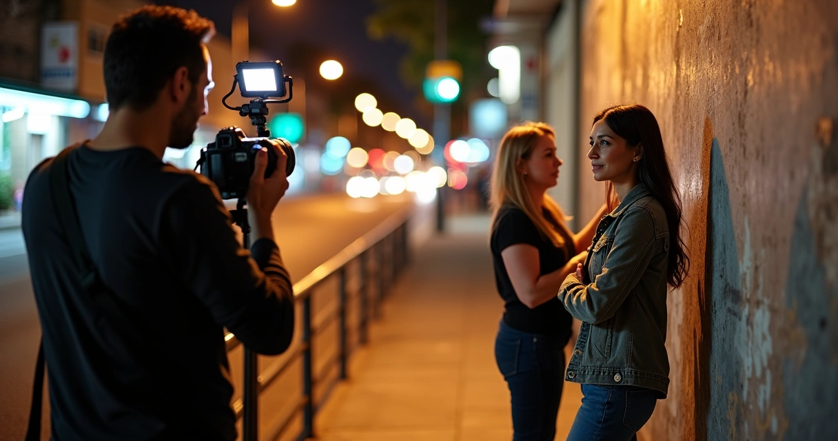 Fotógrafo profissional registrando cliente em ensaio urbano noturno em Taboão da Serra 